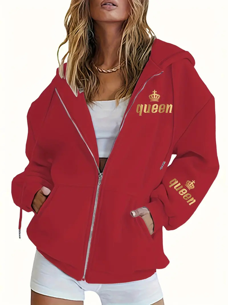 Women's European American Style Letter Print Hooded Sweatshirt Zip Up Casual Fashion Jacket Autumn Winter Print_ecoleips.com