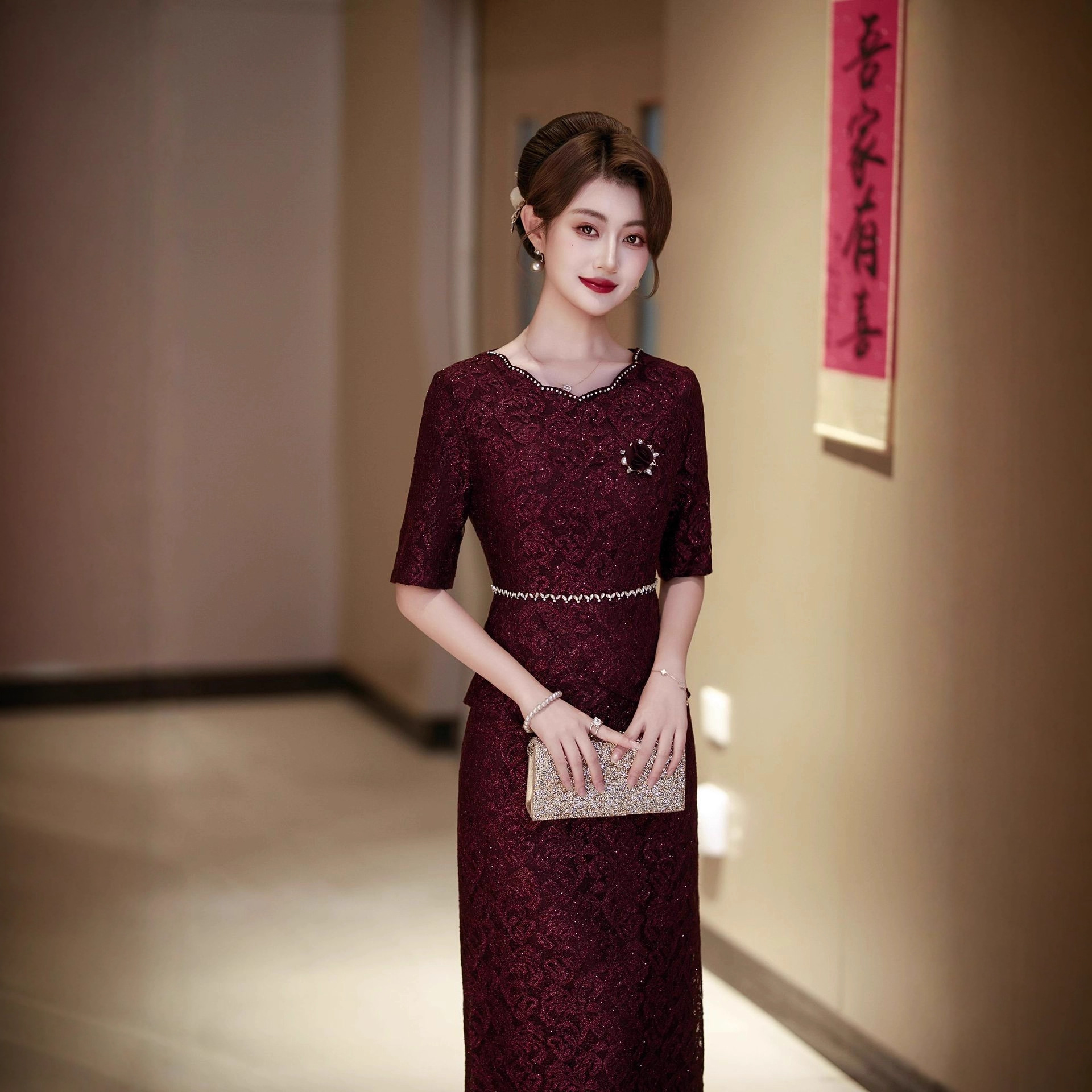 Burgundy Wedding Banquet Dress for Mother-In-Law, Stylish Slimming Dress, Faux Two-Piece Wedding Mother's Gown, Noble Cheongsam