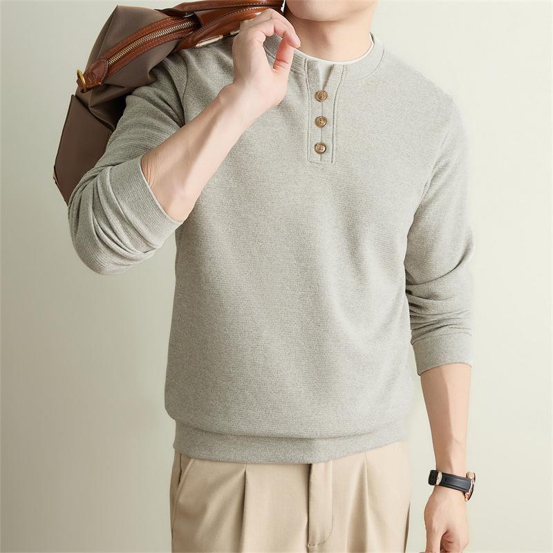 Old Money Style Long Sleeve Henley Collar Round Neck T-Shirt for Men, Autumn and Winter Casual Base Shirt, Solid Color, Light Luxury Fashion Old Money Style Long Sleeve Henley Collar Round Neck T-Shirt for Men, Autumn and Winter Casual Base Shirt, Solid Color, Light Luxury Fashion