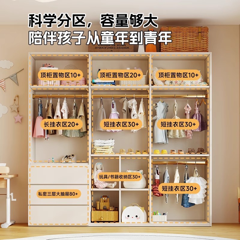 ENF级橡木全实木FAS儿童衣柜卧室家用奶油风平开门拉手宝宝衣橱|undefined