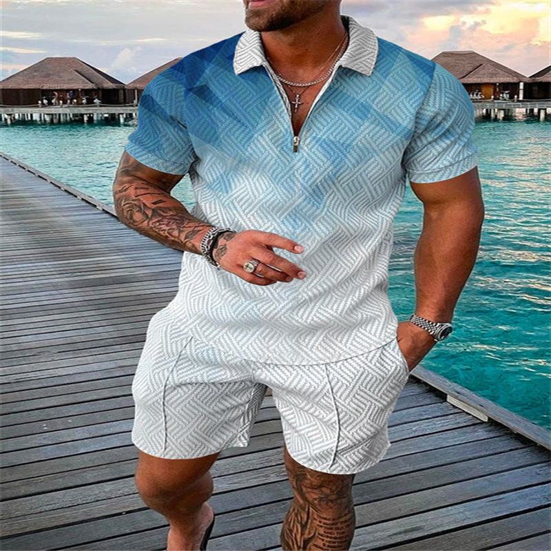 2022 cross-border European and American men's foreign trade summer shorts loose casual polo suit color matching printable spot