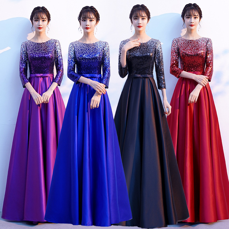 Royal blue wine violet black Chorus Performance dresses Female adult host  singers choir sequined long dress
