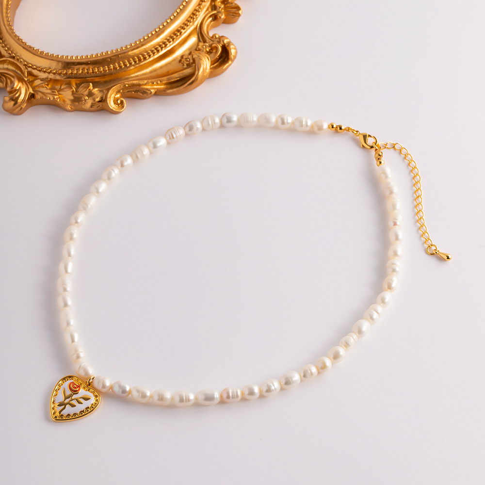 Fashion Heart Shape Rose Copper Beaded Pearl Pendant Necklace 1 Piece