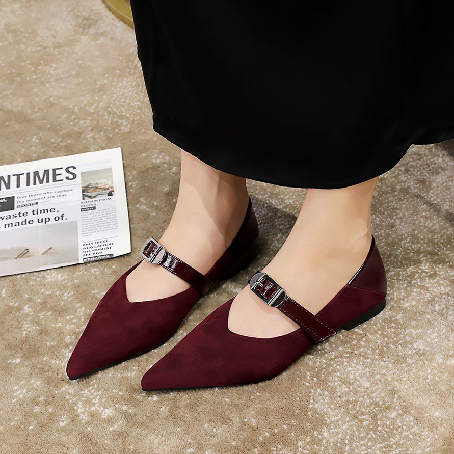 6213-1 style retro comfortable versatile women's shoes suede shallow mouth pointed straight with belt buckle flat single order shoes