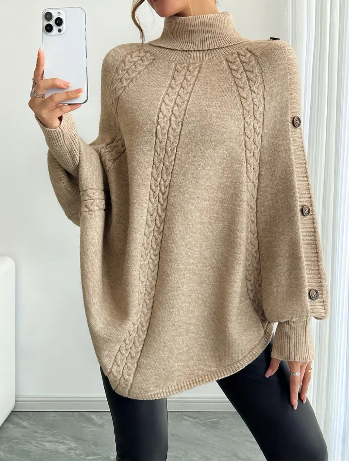 ​​High Neck Batwing Sweater With Button Accents – Chunky Knit Pullover For Women (Beige/Gray/Black, S-XL)​​_voghion.com