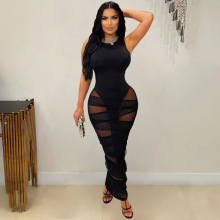 20143跨境货源亚马逊欧美性感女装夜店风透视网纱拼接修身连衣裙