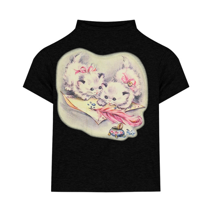 純粋な欲望の甘いギャルの猫のプリントの高襟の正肩の半袖のtシャツの女性の夏の修身の短い黄色の正肩の上着|undefined