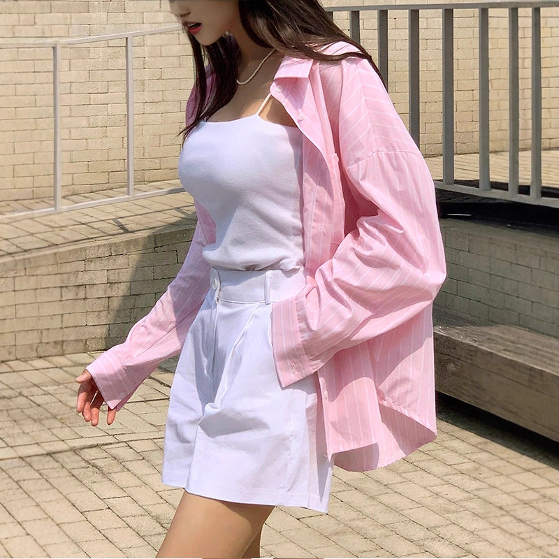 American Retro Pink Shirt, High-End Striped Ice Silk Shirt, Sunny Clean Shirt, Women's Long-Sleeved Shirt Jacket