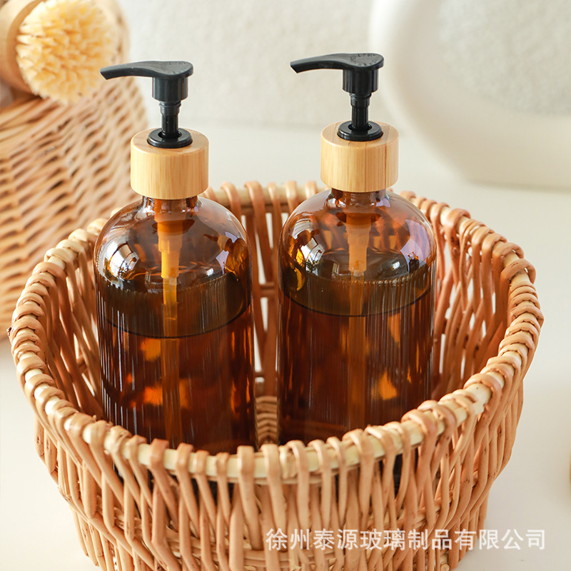Botella de vidrio marrón de 500 ml para desinfectante de manos, tipo Boston, para el hogar, hotel, baño, loción, botella vacía recargable, set transfronterizo image 6