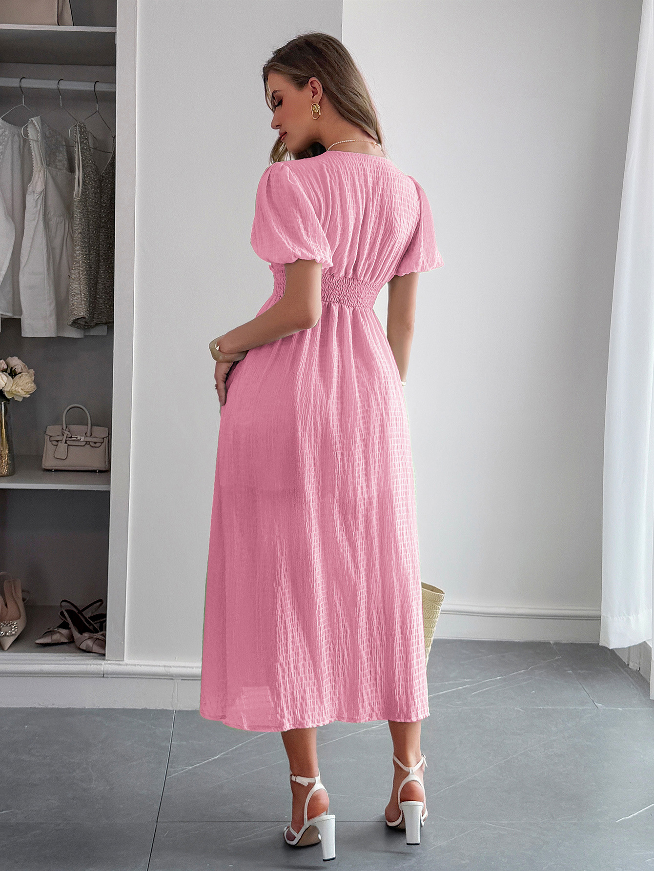 327g Weight Midi Dress Dress Length Type Short Sleeve Sleeve Length Sheath Dress Dresses Type Polyester Fabric Type Mid Waist Waist Line Casual, Daily Occasion V Neck Neckline Slim Fit Type Solid Color Pattern Summer Season Women's Gender Vacation Style Wholesale Women's Vacation Solid Color Casual Daily V Neck Short Sleeve Sheath Dress 2