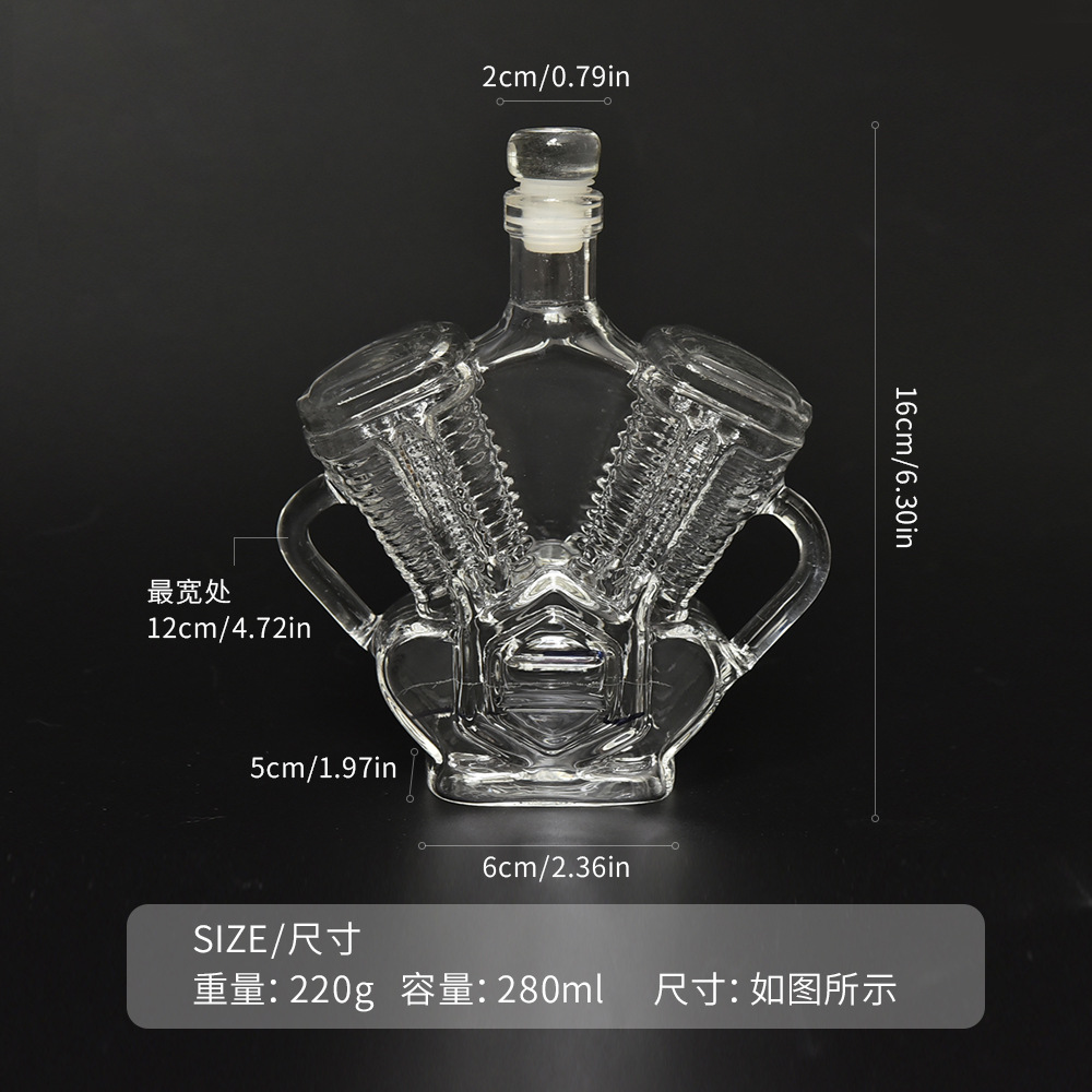 Botella de whisky motor V8 botella de whisky motocicleta temática retro decanter de vidrio