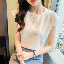 韩国女装新款2024夏麻棉圆领套头无袖气质衬衣显瘦修身通勤女上衣