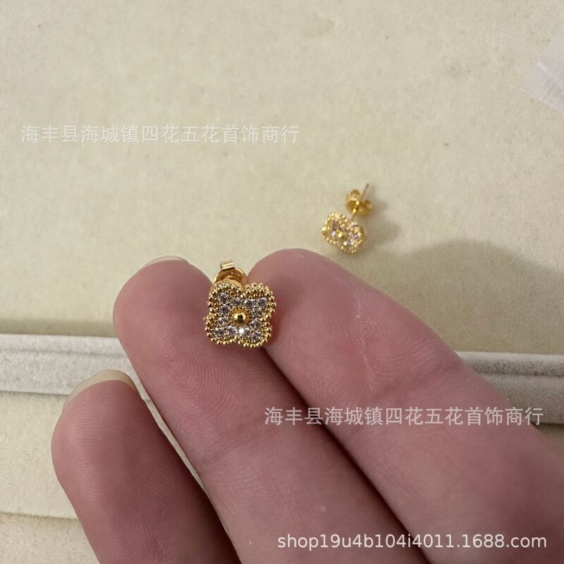 高版四叶草mini耳钉天然贝母厚金电镀 18K玫瑰金厂家直销直播批发|undefined