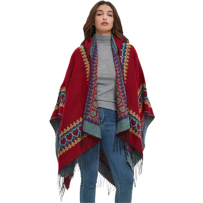 Новая модель шали для трансграничной торговли: европейско-американский весенне-осенне-зимний плащ в этническом стиле с капюшоном, красными бахромами и узором в виде сердца.