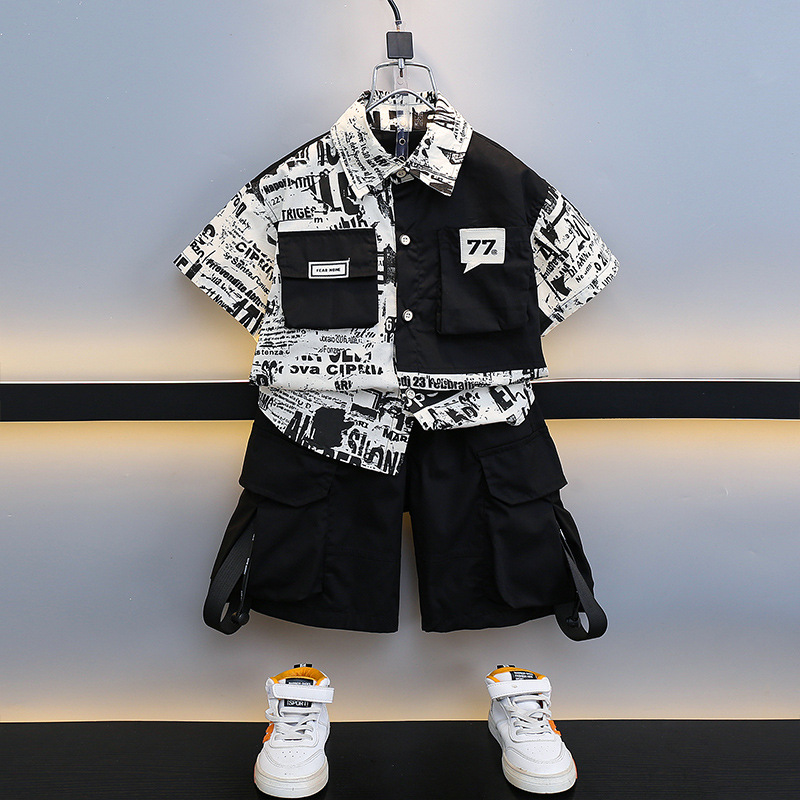 7191 niño vestido de verano hermoso traje de herramientas fino para niños 2025 nuevo estilo coreano camisa de manga corta pantalones cortos para bebé