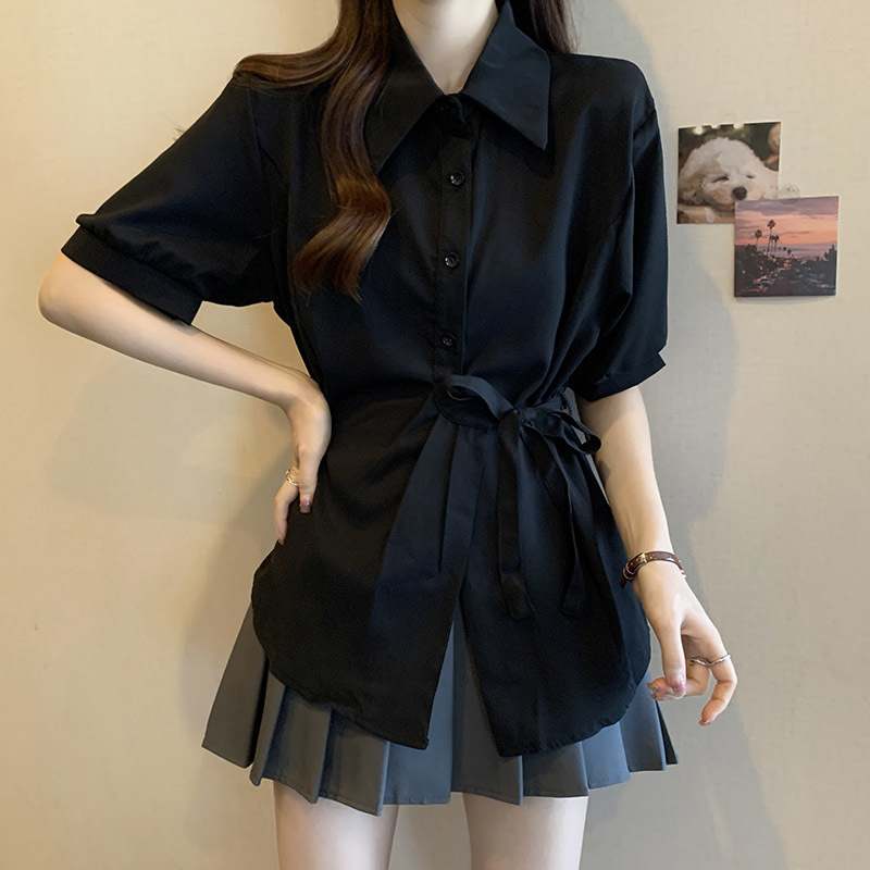 여름 프렌치 미드기장 허리 쉬폰 반팔 셔츠, 뚱뚱하고 날씬해 보이는 배를 커버해주는 반팔 탑