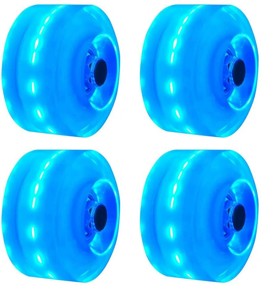 Flashing polyurethane skate wheels, 32 mm, LED motion‑activated, blue/white/pink, sets with tools