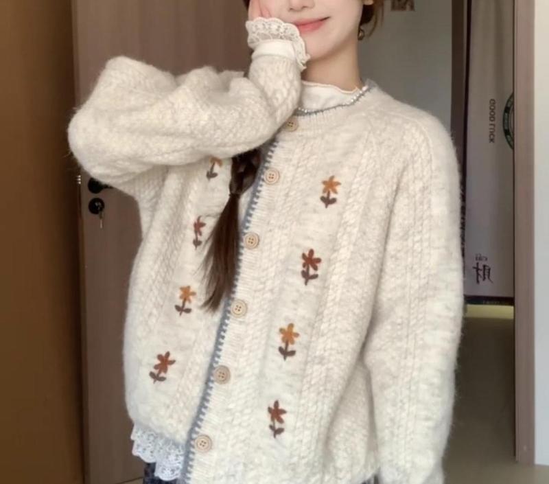 KANING ラウンドネック花刺繍ニットカーディガン女性のための 2025 秋の新しい怠惰なスタイルのセータージャケットトップ女性のための|undefined
