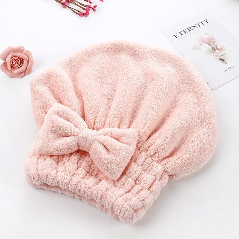 Gorro de ducha grande de felpa coral gruesa para mujer con bonito lazo, ideal para secar el cabello sin secador._voghion.com