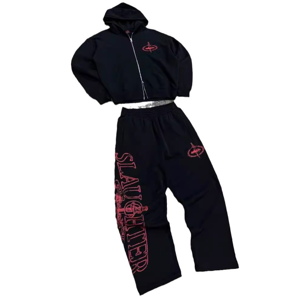 Corteiz Alcatraz nueva con cremallera hoodie suelta alta calle de moda americana conjunto de pantalones de impresión transfronterizos