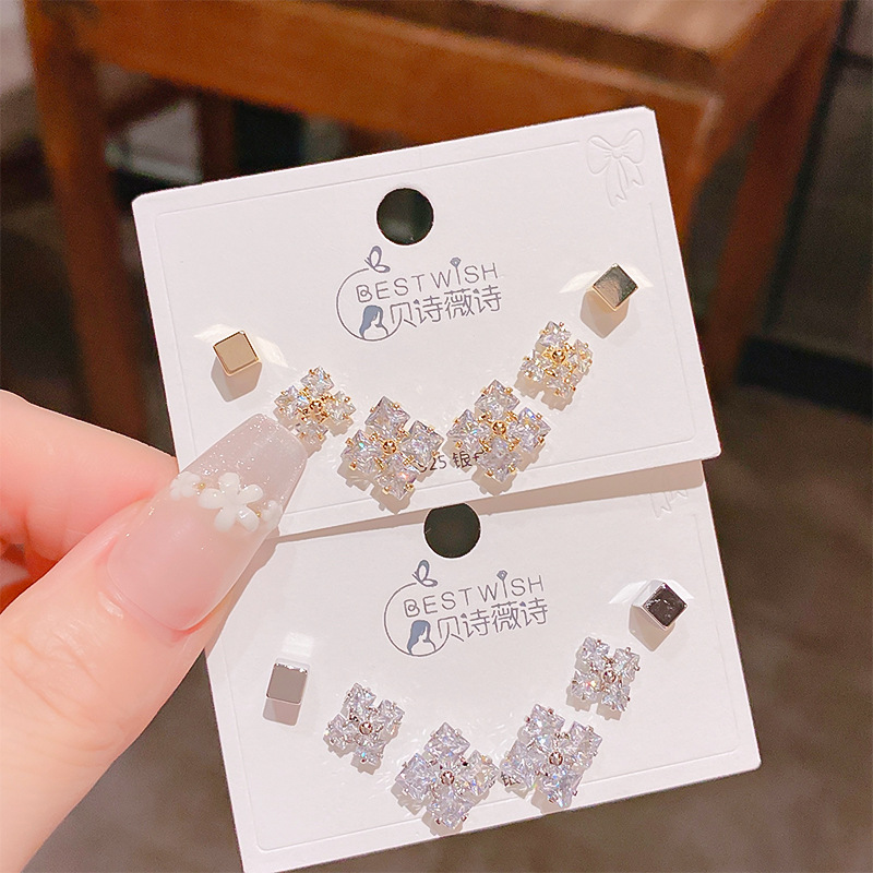 2025新品锆石几何方形三对装耳钉 女韩版银针高级感6件套装耳钉