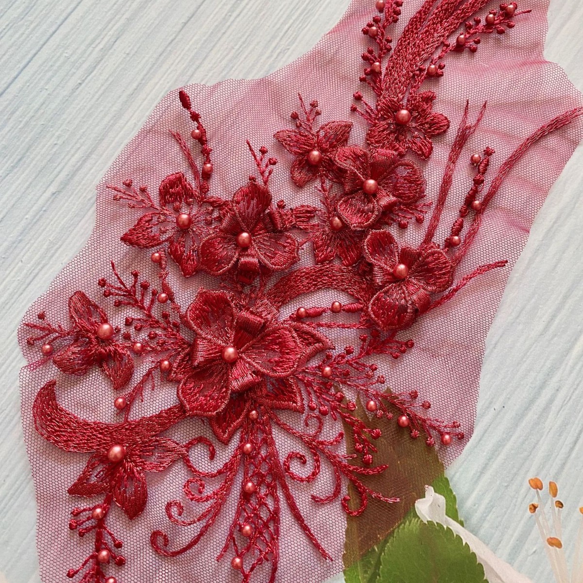 30*13厘米 立体刺绣钉珠蕾丝花朵婚纱头纱手工diy材料服装装饰