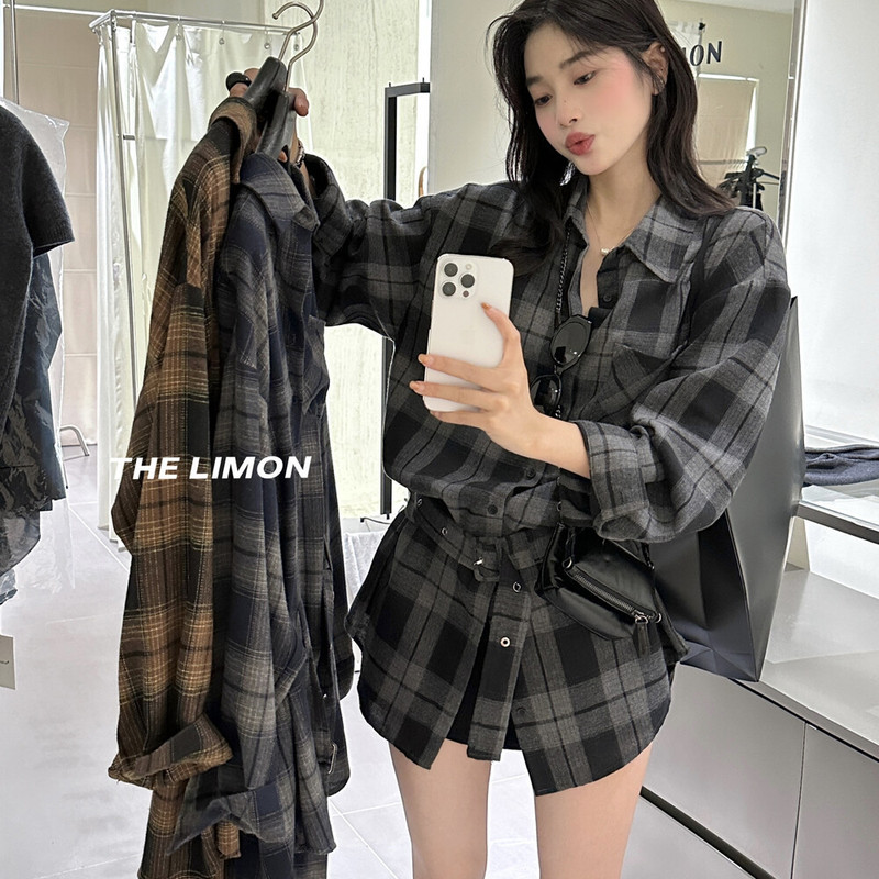 thelimon柠檬绿茶2025秋季复古设计感系带收腰磨毛格纹衬衫女上衣|undefined