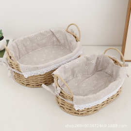 跨境桌面编织化妆品收纳筐带提手草编藤编收纳篮玩具杂物玄关篮子