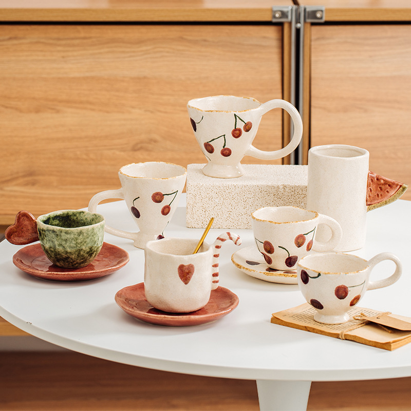 Meijiahui mano cerámica taza de café y plato conjunto retro encantador dibujos animados italiano taza de latte taza de leche