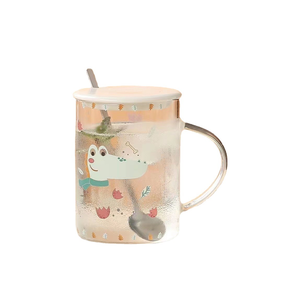 Creativo lindo de alto aspecto vidrio hogar desayuno taza animal mano regalo taza de beber con tapa cuchara taza