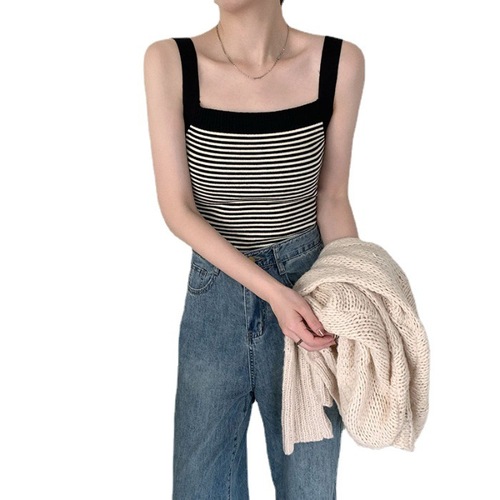 Retro striped knitted camisole women's  summer new short style inner wear and outer wear hot girl bottoming top