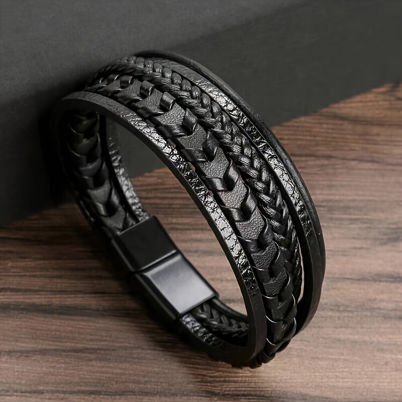 Cross-Border Hot-Selling Men's Multi-Layer Woven Leather Bracelet, Handmade Leather Cord Magnetic Clasp Bracelet, Trendy Jewelry, Handmade