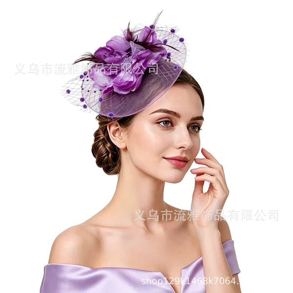 Cross-border bridal headpiece, mesh feather headpiece, floral headpiece, European and American style horse racing festival hat, women's headwear