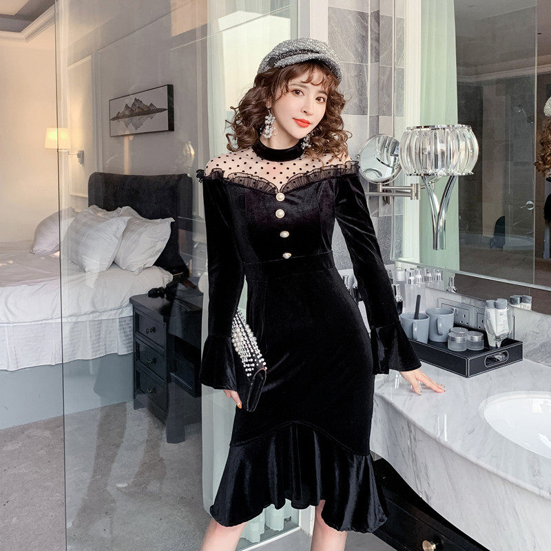 2025 Cross-Border Celebrity Dress Skirt for Women Spliced ​​Mesh French Hip-Hugging Fishtail Skirt Small Fragrant Dress