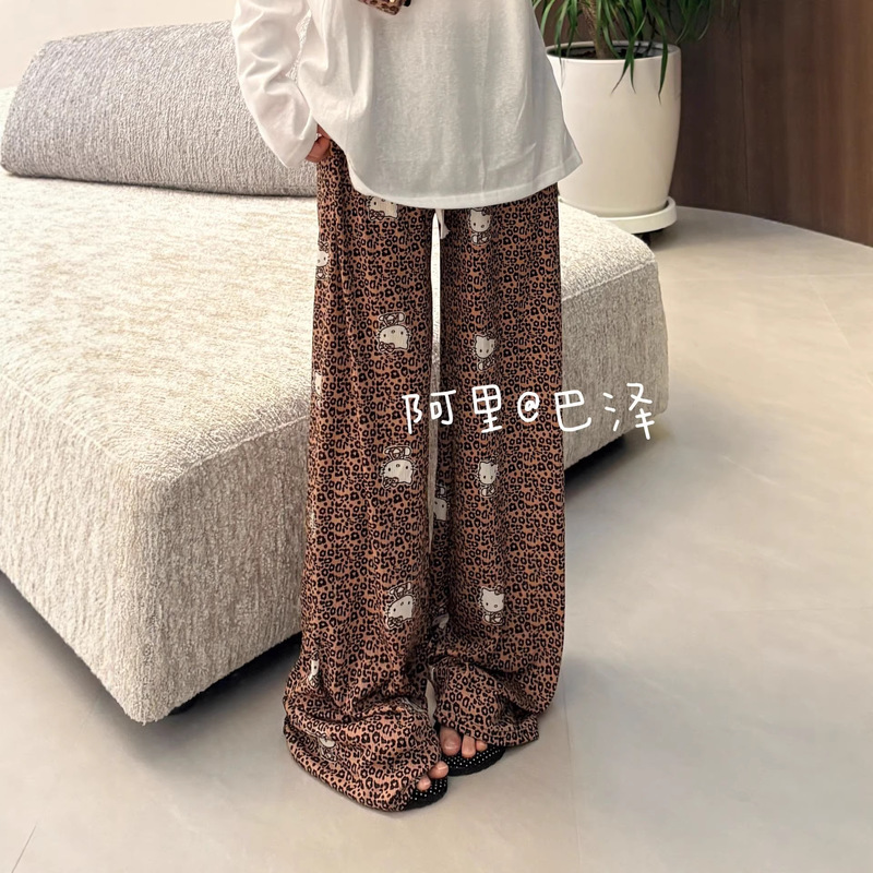 Leopard Print Hello Kitty Casual Versatile Summer Leopard Print Hello Kitty Ice Silk Casual Lazy Style Walking Pants