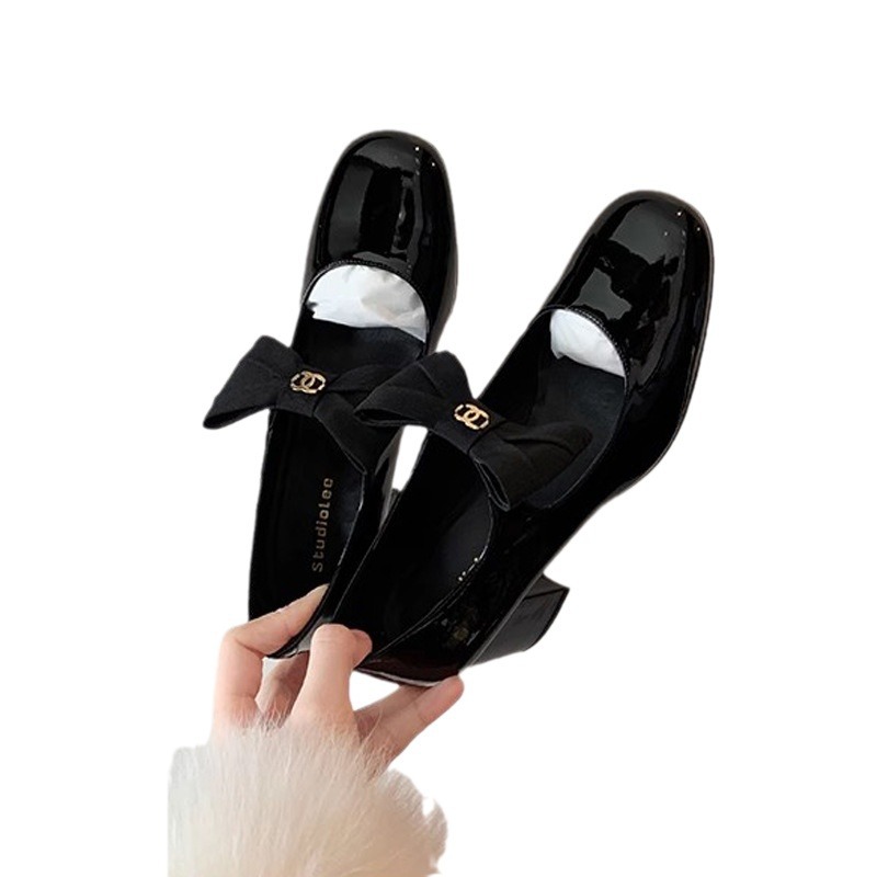 Uva mamá oro Madeline ~ francés arco punta redonda tacón grueso estilo de Chanel Mary Jane zapatos cuero para las mujeres
