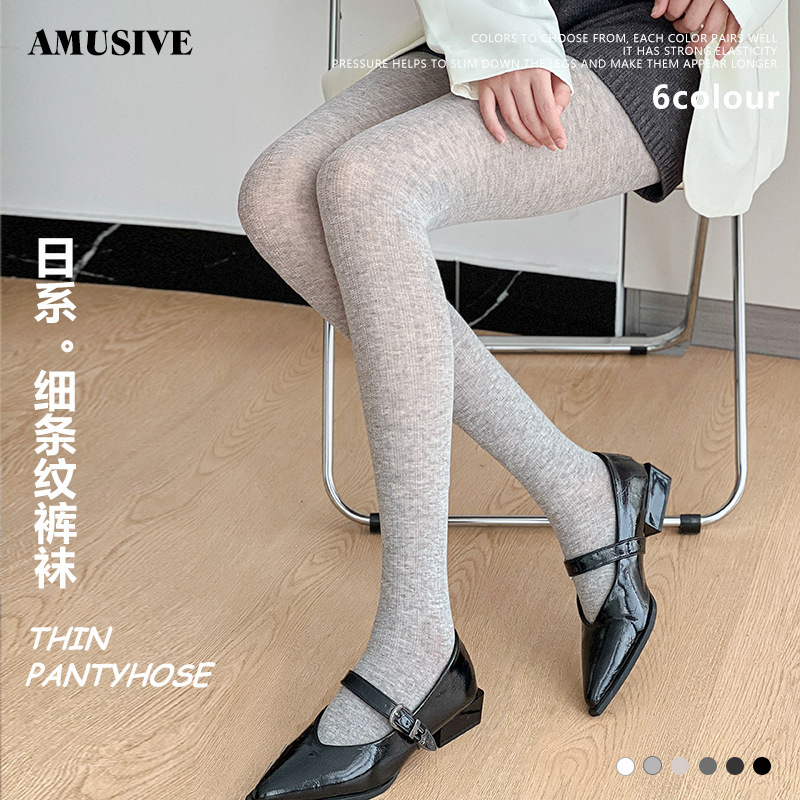 Spring and Autumn Pantyhose Women's Leggings Japanese Style Thin Striped Slightly See-Through Cotton Leggings Slimming Footed Pants Wholesale