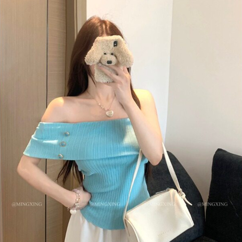 Korean-Style Elegant One-Shoulder Short-Sleeve Knit Top for Women, Summer 2026 New Design, Slimming and Versatile Off-Shoulder Top