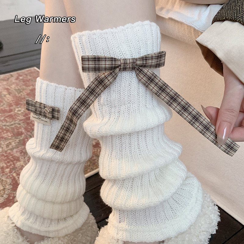 Leg Warmers Bootshang Cotton Spring And Autumn Bow AB Pile Socks Ballet Style Lolita Vertical Stripes Calf Socks_voghion.com