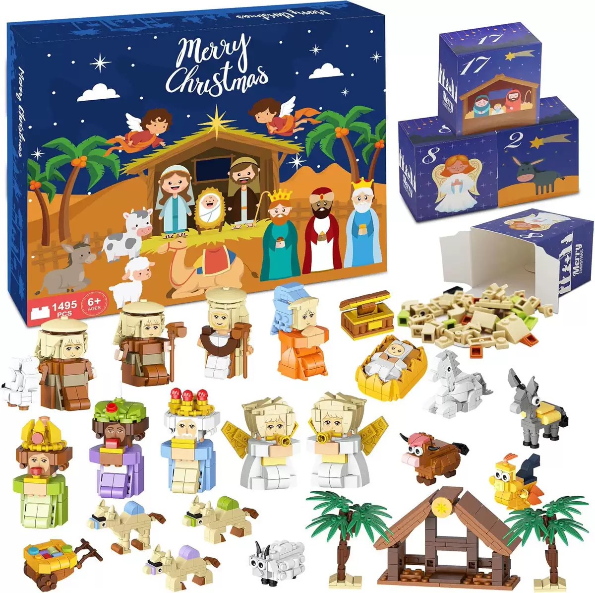 Bloques de construcción transfronterizos Calendario navideño Caja ciega Cuenta atrás 24 cuadrículas Coche de bricolaje para niños Bloques de construcción de dinosaurios Caja ciega rasgada a mano