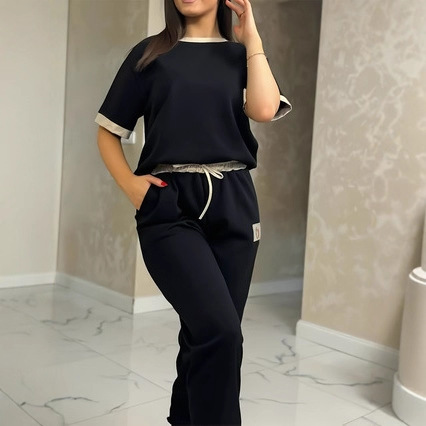 Lässiges, bequemes Damen-T-Shirt und hochgeschnittene, gerade geschnittene Hose, zweiteiliges Set, entspanntes Loungewear-Outfit_voghion.com