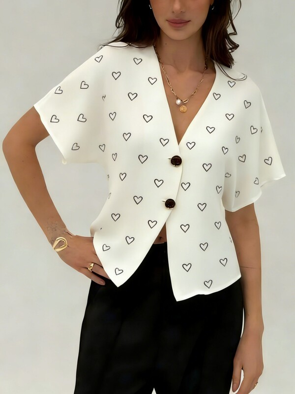 French-Style Commuter V-Neck Waist-Cinching Shirt for Women, 2026 Summer New Model, Elegant Slim-Fit Short-Sleeve Cardigan