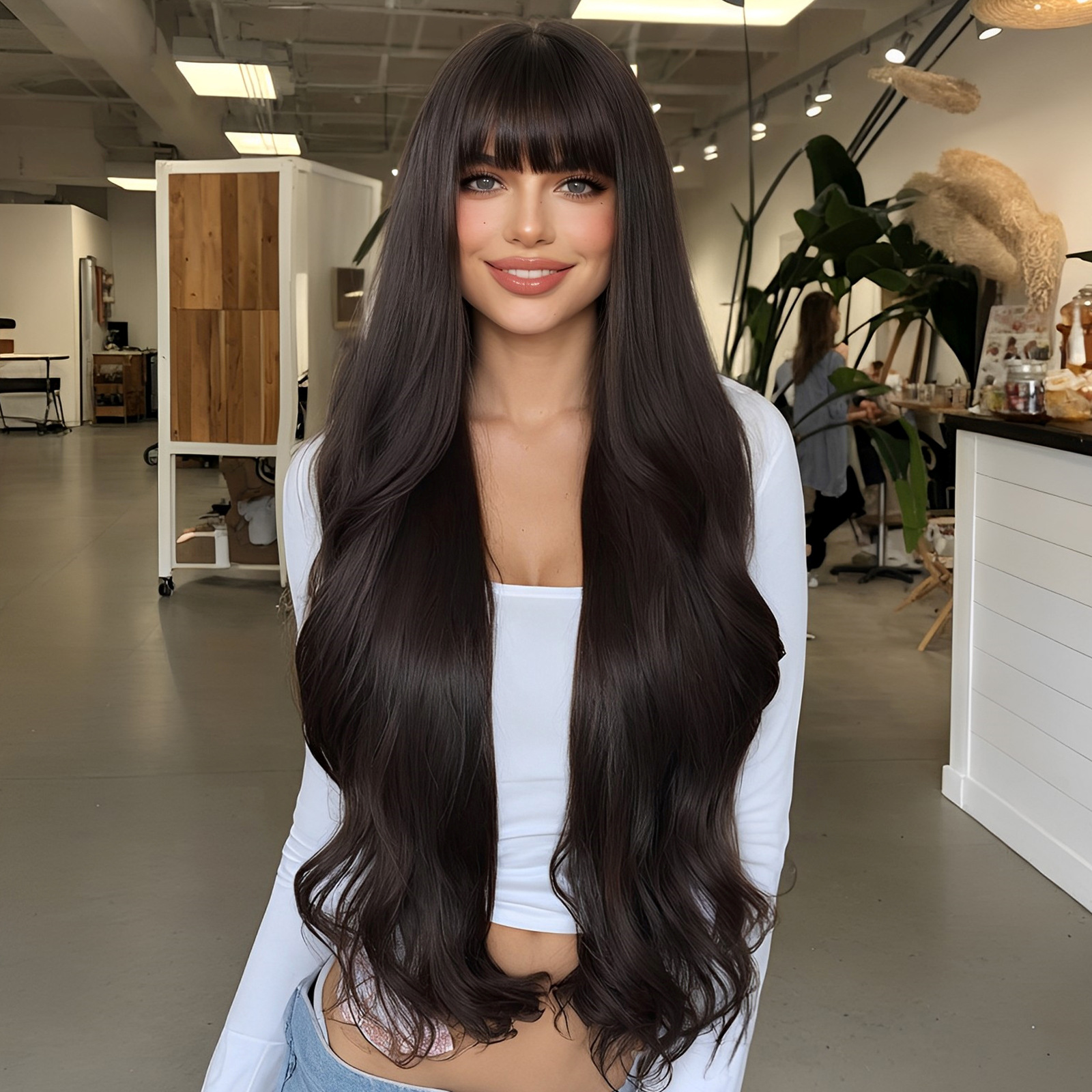 Emmor fuente transfronteriza Qi flequillo pelo largo rizado temperamento diosa y cintura peluca esponjosa natural pelo completo