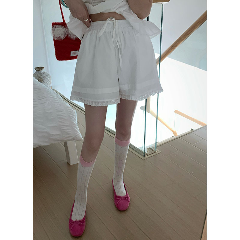 Ballet Style White Short Drawstring Shorts Women's Summer New Lace Stitching Ruffle High Waist Pants