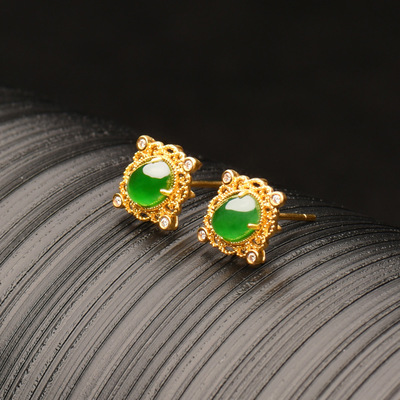natural a cargo Jade Ear Studs 24K Sufficient gold Earrings Emerald Egg noodles Ear Studs gold 999 Gold jewelry On behalf of
