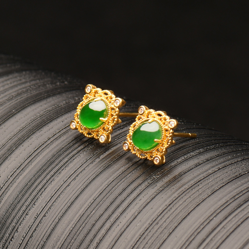 natural a cargo Jade Ear Studs 24K Sufficient gold Earrings Emerald Egg noodles Ear Studs gold 999 Gold jewelry On behalf of