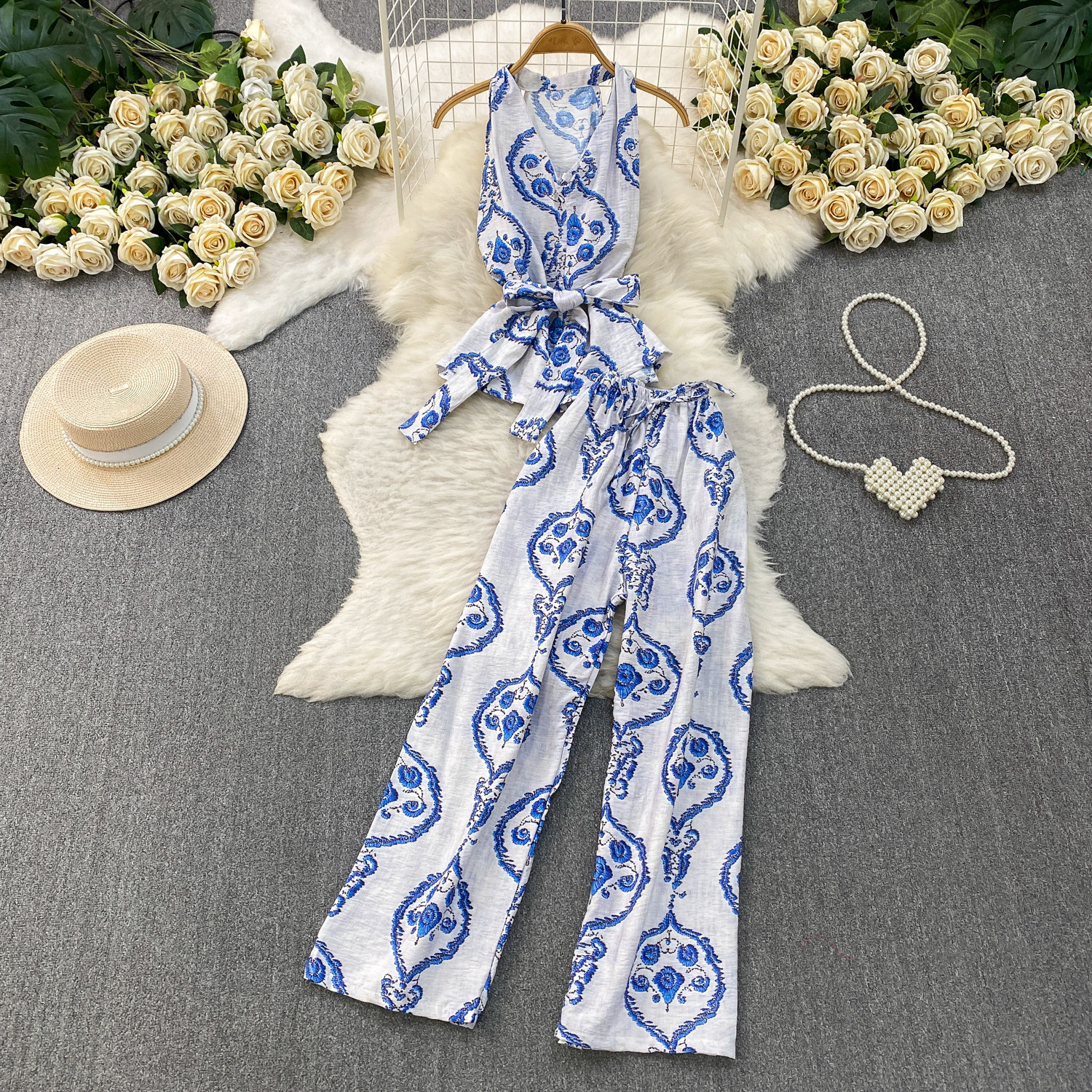 French-Inspired Sleeveless Top & High-Waisted Wide-Leg Pants Two-Piece Set, Floral Print Casual Outfit_ecoleips.com