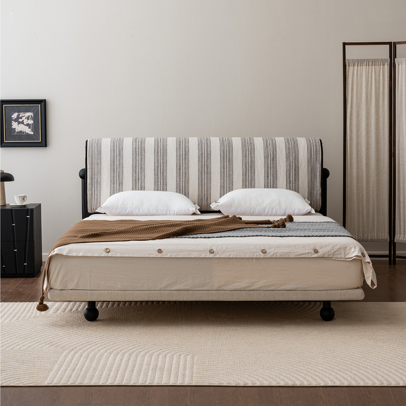 6 New Wilderness Bed Modern Minimalist Striped Fabric French Retro Master Bedroom Solid Wood Bed Removable and Washable Linen Double Bed 6 New Wilderness Bed Modern Minimalist Striped Fabric French Retro Master Bedroom Solid Wood Bed Removable and Washable Linen Double Bed