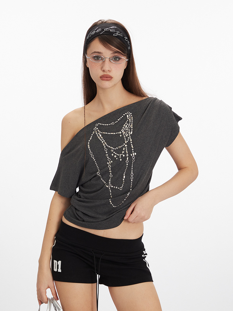 HeyHenry 斜め襟デザインワンショルダーホットガールショート Tシャツ 2025 新しい夏の半袖オフショルダートップ女性のための