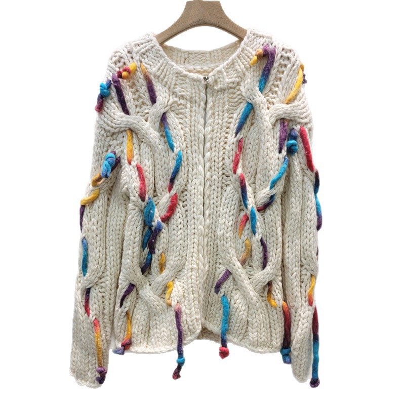 Retro mano pesada agujas de cuello redondo bordado de color bordado tejido cardigans suéter chaqueta chaqueta pequeña mujer